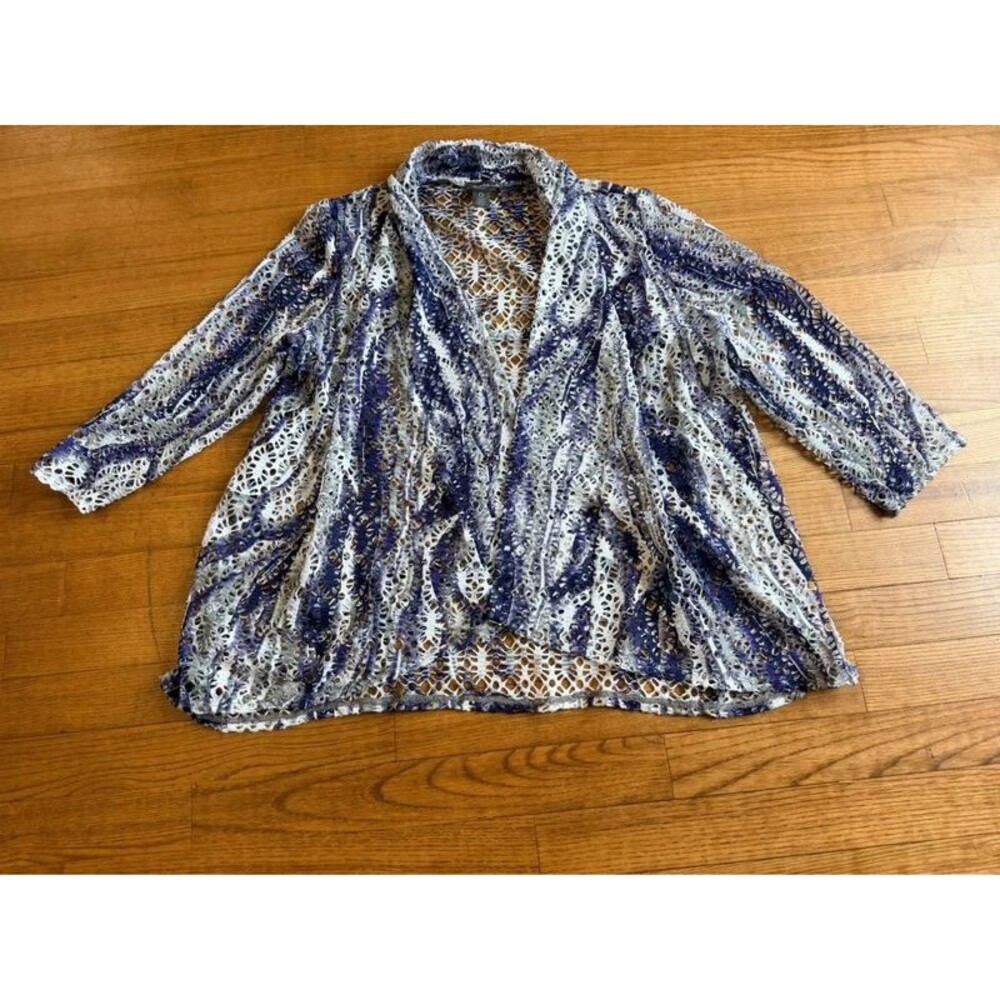 Chico's Travelers Open Front Cardigan Size 0 S purple Blue Laser Cut Mesh Topper